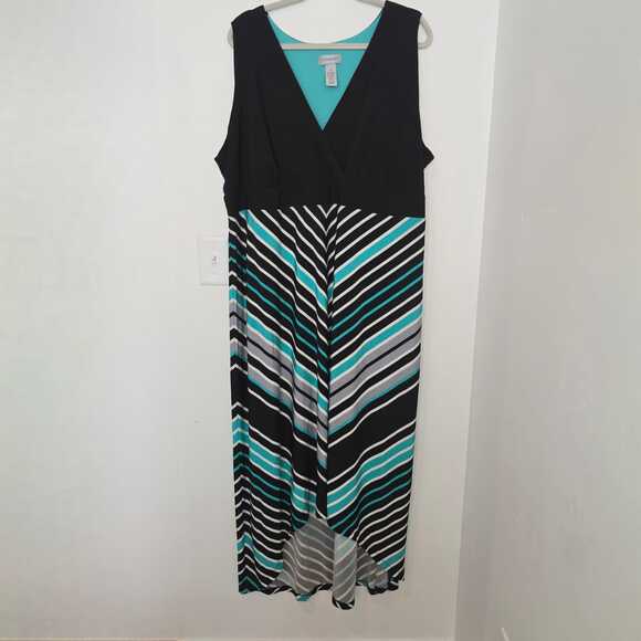 Catherines 2X Plus Maxi Dress Black Teal Chevron Stripe Faux Wrap Stretch - Picture 1 of 7